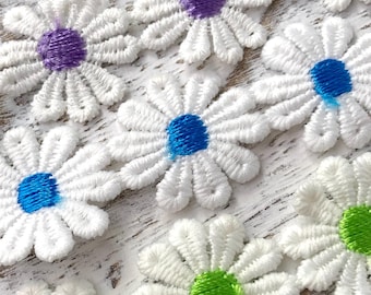 Daisy flower ribbon trim, 5 yards (4.57m) ~1" width floral embroidered lace for scrapbooking, cards, sewing, in green, blue, or purple