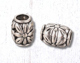 20 floral big hole barrel spacer beads, 10.5x8mm alloy with flower design, 4mm hole (M0329/5)