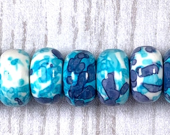 Large hole dyed jade rondelle beads, opaque white aqua and blue no metal core, for DIY fairy wand or garden stake, European beads, 10 pc