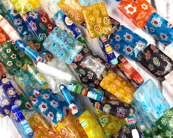 Millefiori glass flat rectangle beads, multicolor floral beads, colorful jewelry making beads, glass beads with flowers, 10/14/18 mm (A0024)