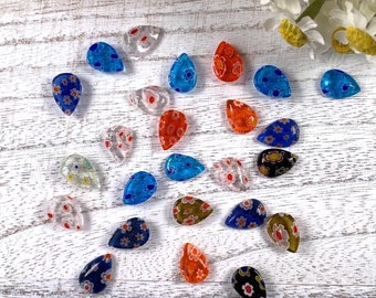 Millefiori glass flower teardrop cabochons, glass craft supply, mixed color undrilled beads, tiny Murano teardrop glass, 11.5x8mm, 25 pcs