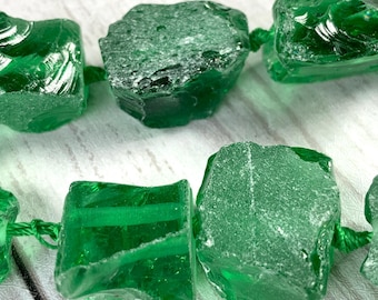 Green glass nugget beads, drilled glass irregular beads, chunky glass for DIY crafts, unique glass beads for suncatchers, 3mm hole, 14 pcs