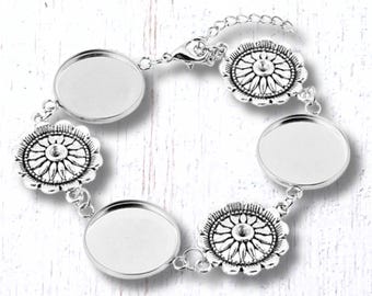 2 floral bracelet blanks for jewelry making, DIY bracelet making supplies with glass cabochons, 20mm bracelet base settings (B0090)