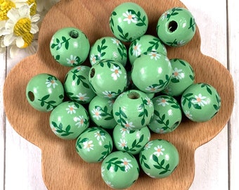 Floral painted wooden round beads, 15.5 mm large 3mm+ hole beads for DIY garland and tassels, wood beads for macrame and other crafts, 20 pc