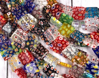 Millefiori glass flat square beads, multicolor floral beads, colorful jewelry making beads, square Murano glass with flowers, 10/12/16 mm