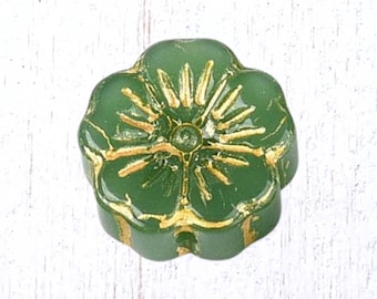20 pcs glass hibiscus flower beads, jade green with gold wash, 14mm boho floral beads for jewelry, Hawaiian flower