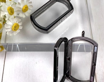 2 magnetic locket pendants, 57mm gunmetal alloy and glass fillable memorial pendant, floating keepsake lockets (A0006)