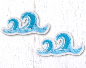 Ocean waves patch, 2 pcs, 25x50mm/0.9x1.9" sticker applique with embroidered surf, embellishments for cards, clothing