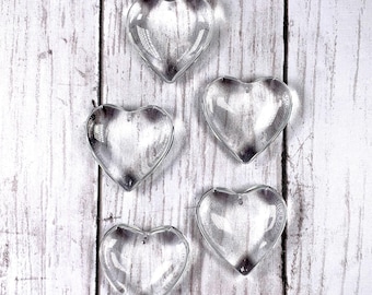 Large glass heart bead pendants, clear solid glass heart pendant, puffy heart for jewelry making, pendant for necklace, big pendant set of 5