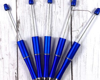 5 beadable blank ballpoint pens, DIY beadable pens with black ink, add a bead party favors, coworker gifts, blue, silver, gold, red or black
