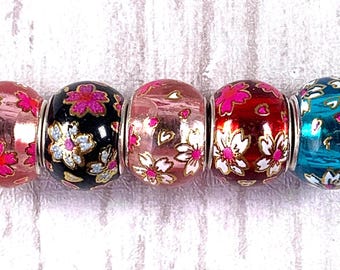 Large hole glass rondelle beads, 5 pcs, floral printed with metal core for DIY fairy wand or garden stake, European beads (C0117)