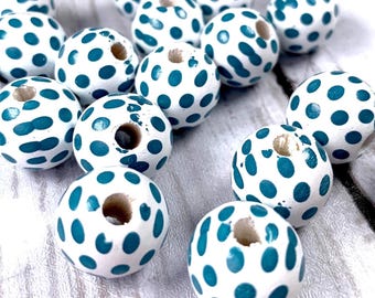 Teal and white polka dot wooden round beads, ~14mm with 4mm hole, 20 wood beads for DIY garlands, tassels, macrame and other craft projects