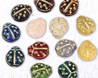 20 glass ladybug beads, tiny 9x8mm beetle beads in assorted colors with gold wash (A0057)