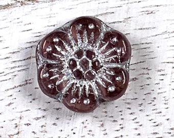Czech glass amethyst with silver wash flower beads, boho floral beads for jewelry, wild rose beads, anemone flower, for crafts, 13.5mm 20 pc