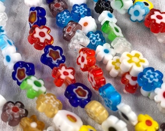 Millefiori glass flower beads, multicolor earring making supplies, mixed lot jewelry making beads, flower shaped Murano glass, 6 mm, 48 pcs