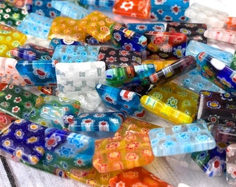 Millefiori glass flat rectangle beads, multicolor floral beads, colorful jewelry making beads, fun Murano glass with flowers, 10/14/18 mm