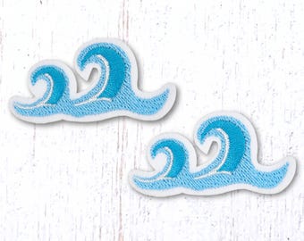 Ocean waves patch, 2 pcs, 25x50mm/0.9x1.9" sticker applique with embroidered surf, embellishments for cards, clothing