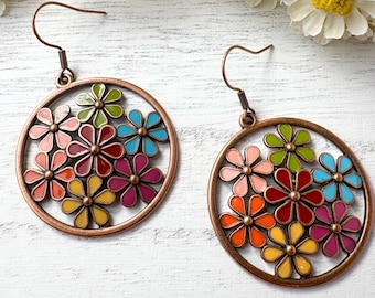 Boho antique copper daisy earrings, round with multicolor flowers, approx. 1.9" length