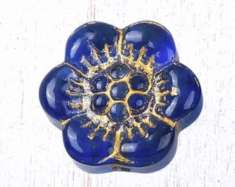 20 glass flower beads, blue with gold wash, 14x4.5mm anemone wild rose beads for jewelry (A0061)