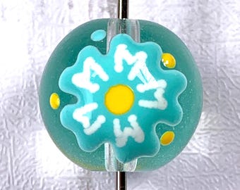 Flower glass beads, round lampwork focal bead with enamel cyan flower, floral pattern transparent glass beads, 15.5mm with 2mm hole, 10 pcs
