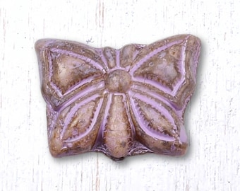 6 Czech glass butterfly beads, light rose with lavender inlay, 12x15mm