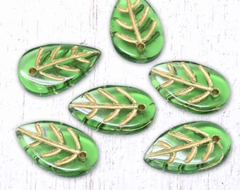 20 glass leaf charms with gold inlay, 17.5x10.5mm, teardrop shape transparent green with vein design (A0057)