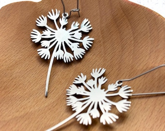 Dandelion dangle earrings, gold or silver finish, minimalist floral style, stainless steel charm and ear wires, 2.5" length