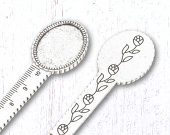 5 bookmark/ruler cabochon blanks, antique silver with floral design, 25x18mm oval tray, DIY bookish gifts (B0094)