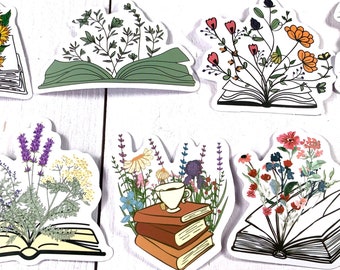 Flower and books sticker pack, 49 assorted bookish waterproof PVC stickers for junk journals, scrapbooking, water bottles, fun bookworm gift