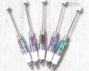 5 beadable blank ballpoint pens, DIY beadable pens with 4 ink colors, add a bead design your own pen, DIY party favors, fun coworker gifts