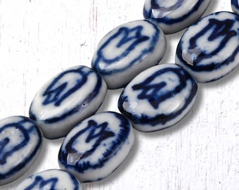 Blue and white porcelain tulip beads, 22 pcs, 14.5x11 mm flat oval beads with folk art tulip design, hand painted, 1.4mm hole (C0125)