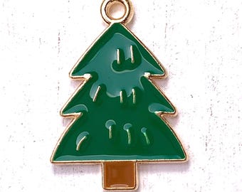 Pine tree charm, 10 pcs, 23x16mm alloy evergreen fir tree charm with enamel and golden finish, for woodland theme jewelry and crafts