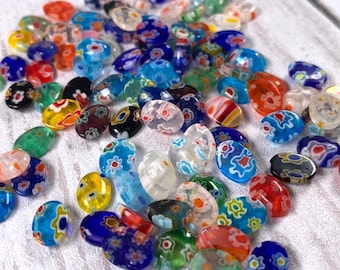 Millefiori glass tiny oval flower cabochons, glass craft supplies, colorful jewelry making undrilled beads, Murano glass cabs 8x6mm, 98 pcs