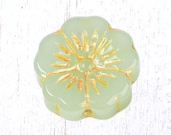 20 pcs glass hibiscus flower beads, light green with gold wash, 14mm boho floral beads for jewelry, Hawaiian flower