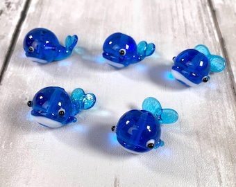 5 pcs lampwork glass whale beads, animal beads for jewelry, glass lampwork animal beads, DIY whale earrings, blue whale beads, ocean crafts