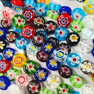 Millefiori glass flat round flower beads, mixed multicolor earring making supplies, colorful millefiori jewelry making beads, 8 mm, 45 beads