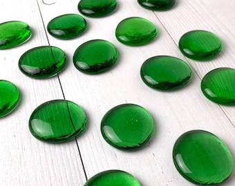 Jumbo green glass gems, flat back marbles, mosaic glass cabochons, approx. 32mm, 15 pc, glass globs for stained glass, vase filler, crafts