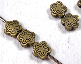 Bronze flower beads, 5 petal floral spacer beads for jewelry, small antique bronze alloy beads for bracelets, 6.7mm with 1.4mm hole, 50 pcs