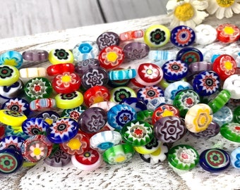 Millefiori glass flat oval flower beads, colorful glass floral beads for jewelry, mixed colors, blue, or red, 11.5-13.5mm, 30-34 per strand
