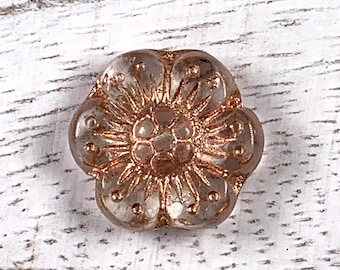 Czech glass clear with copper wash flower beads, boho floral beads for jewelry, wild rose beads, anemone flower, for crafts, 13.5mm 20 pc