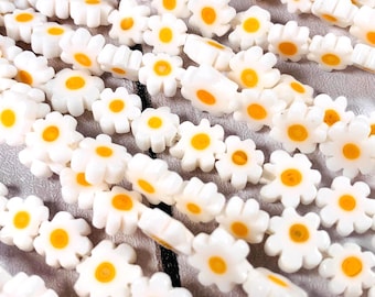 Glass daisy beads, white and yellow millefiori flower beads for necklaces earrings, nature inspired flower shaped glass beads, 6-8 mm 48 pcs