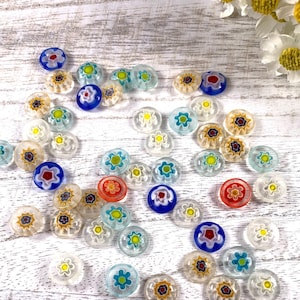 Millefiori glass flat round flower cabochons, glass craft supplies, colorful jewelry making undrilled beads, Murano glass approx 10mm 50 pcs