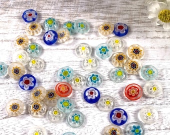 Millefiori glass flat round flower cabochons, glass craft supplies, colorful jewelry making undrilled beads, Murano glass approx 10mm 50 pcs