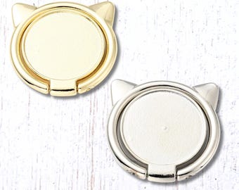 Cat ears cell phone ring grip, blank for crafts, adhesive cell phone stand, cabochon bezel tray for resin crafts, DIY cat lover gift (B0084)