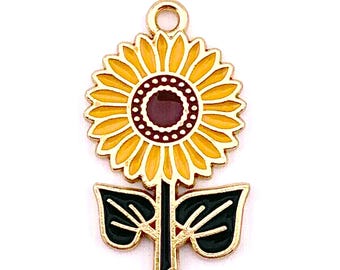 Sunflower charm, 10 pcs, 27.5x15.5mm alloy flower charm with enamel and golden finish, for summer garden theme jewelry and crafts