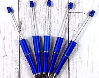 5 beadable blank ballpoint pens, DIY beadable pens with black ink, add a bead party favors, coworker gifts, blue, silver, gold, red or black