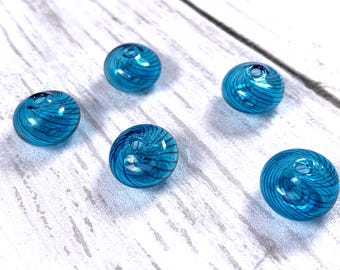 Turquoise striped blown glass beads, hollow glass rondelle beads for necklaces, glass focal beads for earrings, double hole, 15mm, 5 pcs
