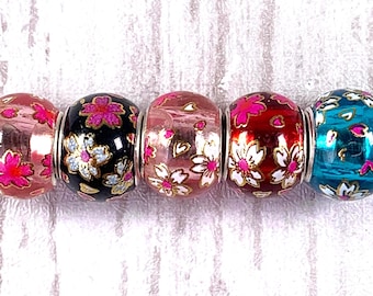 Large hole glass rondelle beads, floral printed with metal core for DIY fairy wand or garden stake, European glass specialty beads, set of 5