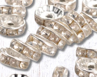 50 rhinestone spacer beads, 10mm with 2mm hole, sparkly beads for beadable pens, silvery or golden spacers with clear glass rhinestones