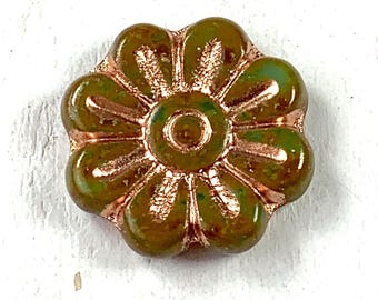 6 Czech glass daisy beads, large 18mm flower focal, green with copper wash finish, high quality Bohemian crystal beads for jewelry making